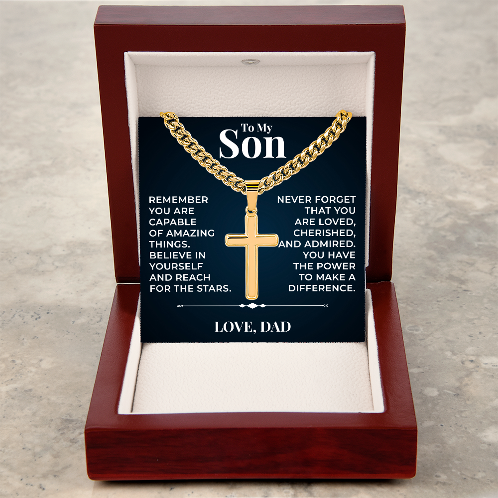 Cuban  Chain with Cross Necklace - To My Son "Reach For The Stars"