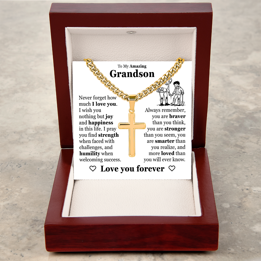 Cross Cuban Link Chain - To My Grandson "Never Forget How Much I Love You"