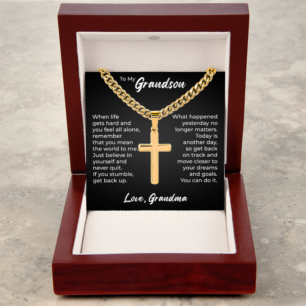 Cross Cuban Link Chain - To My Grandson "You Mean The World To Me"