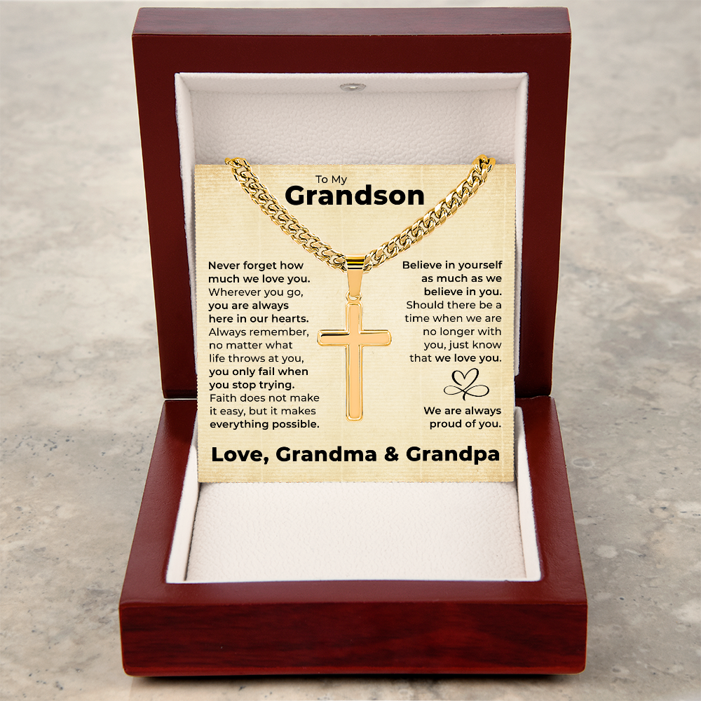 Cross Cuban Link Chain - To My Grandson "You Are Always in Our Hearts"