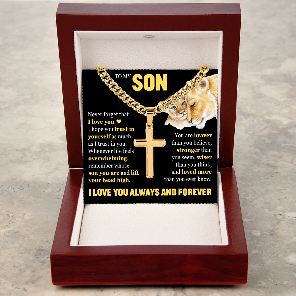 Cross Cuban Link Chain - To My Son "Never Forget That I Love You"