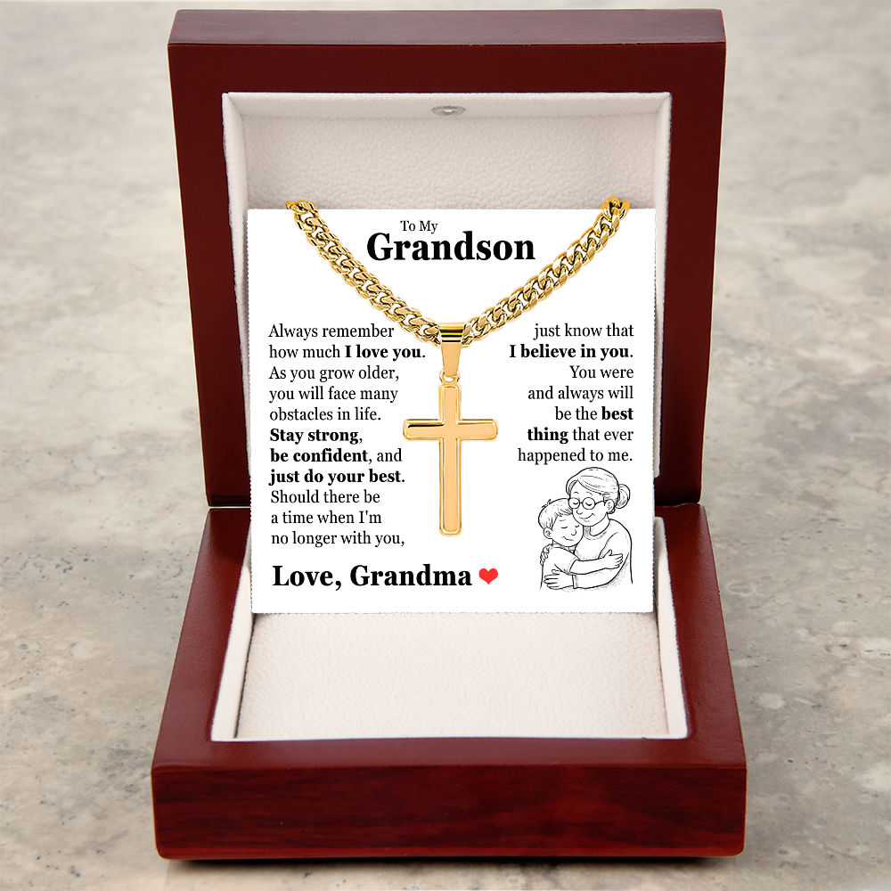 Cross Cuban Link Chain - To My Grandson "Always Remember How Much I Love You"