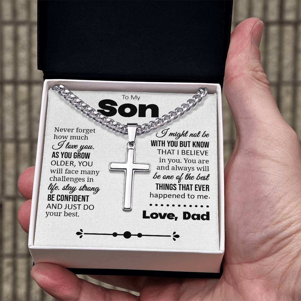 To My Son "Never Forget How Much I Love You" Personalized Cross with Cuban Link Chain
