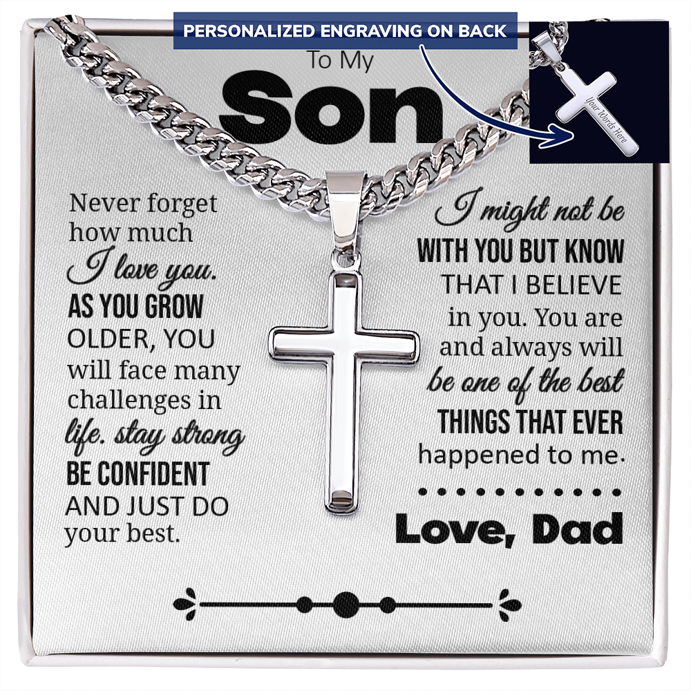 To My Son "Never Forget How Much I Love You" Personalized Cross with Cuban Link Chain