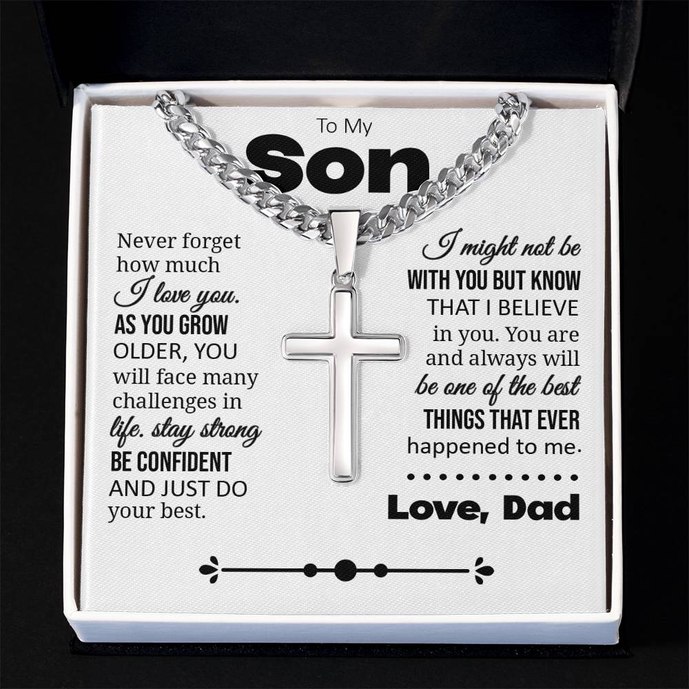 To My Son "Never Forget How Much I Love You" Personalized Cross with Cuban Link Chain