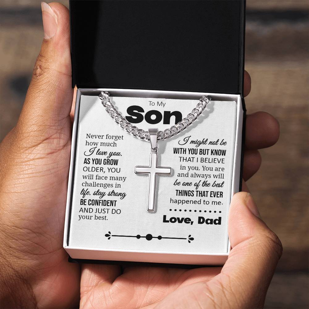 To My Son "Never Forget How Much I Love You" Personalized Cross with Cuban Link Chain