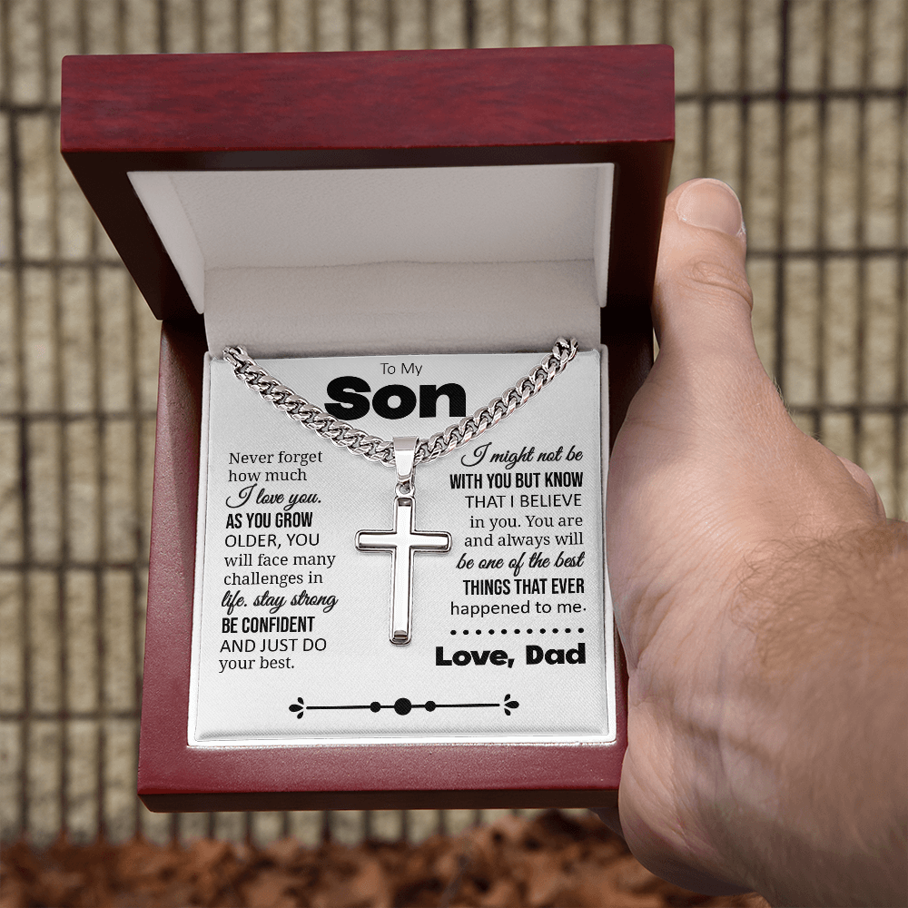 To My Son "Never Forget How Much I Love You" Personalized Cross with Cuban Link Chain