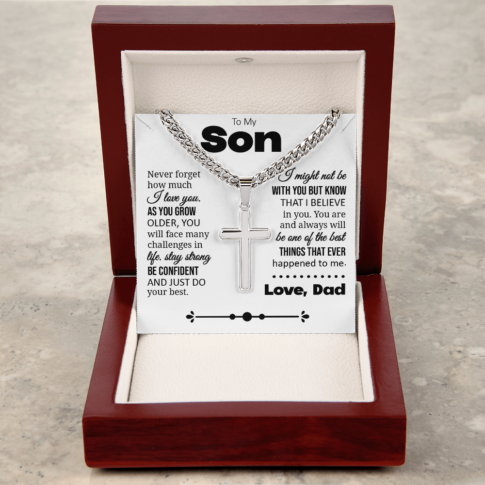 To My Son "Never Forget How Much I Love You" Personalized Cross with Cuban Link Chain