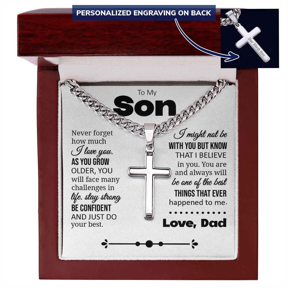 To My Son "Never Forget How Much I Love You" Personalized Cross with Cuban Link Chain