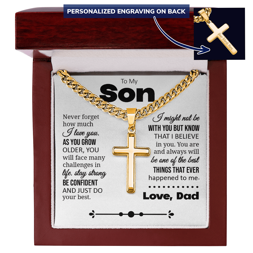 To My Son "Never Forget How Much I Love You" Personalized Cross with Cuban Link Chain