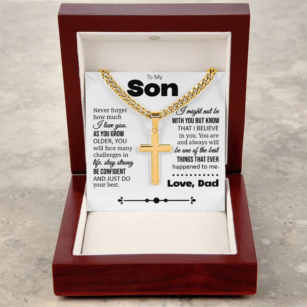 To My Son "Never Forget How Much I Love You" Personalized Cross with Cuban Link Chain