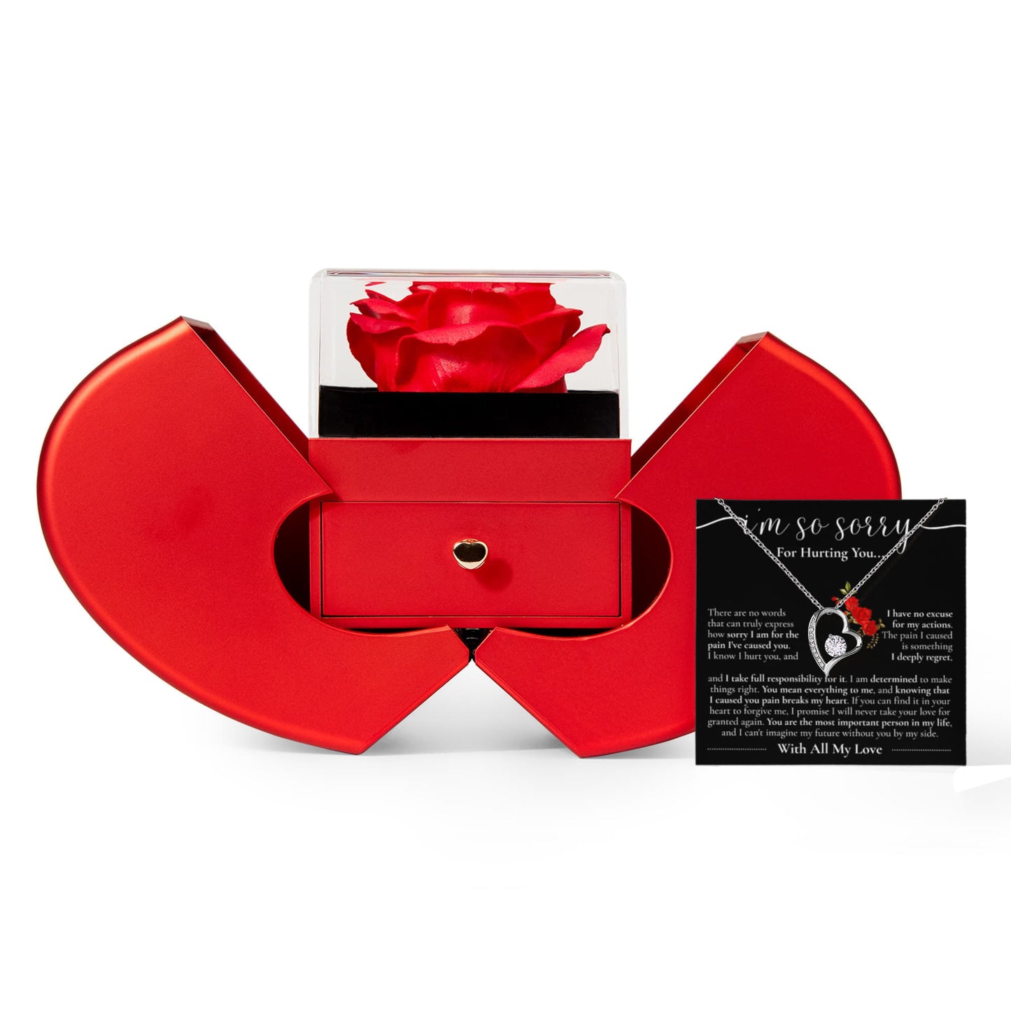 Forever Heart Necklace with Red Heart Rose Box - I Am Sorry For Hurting You...