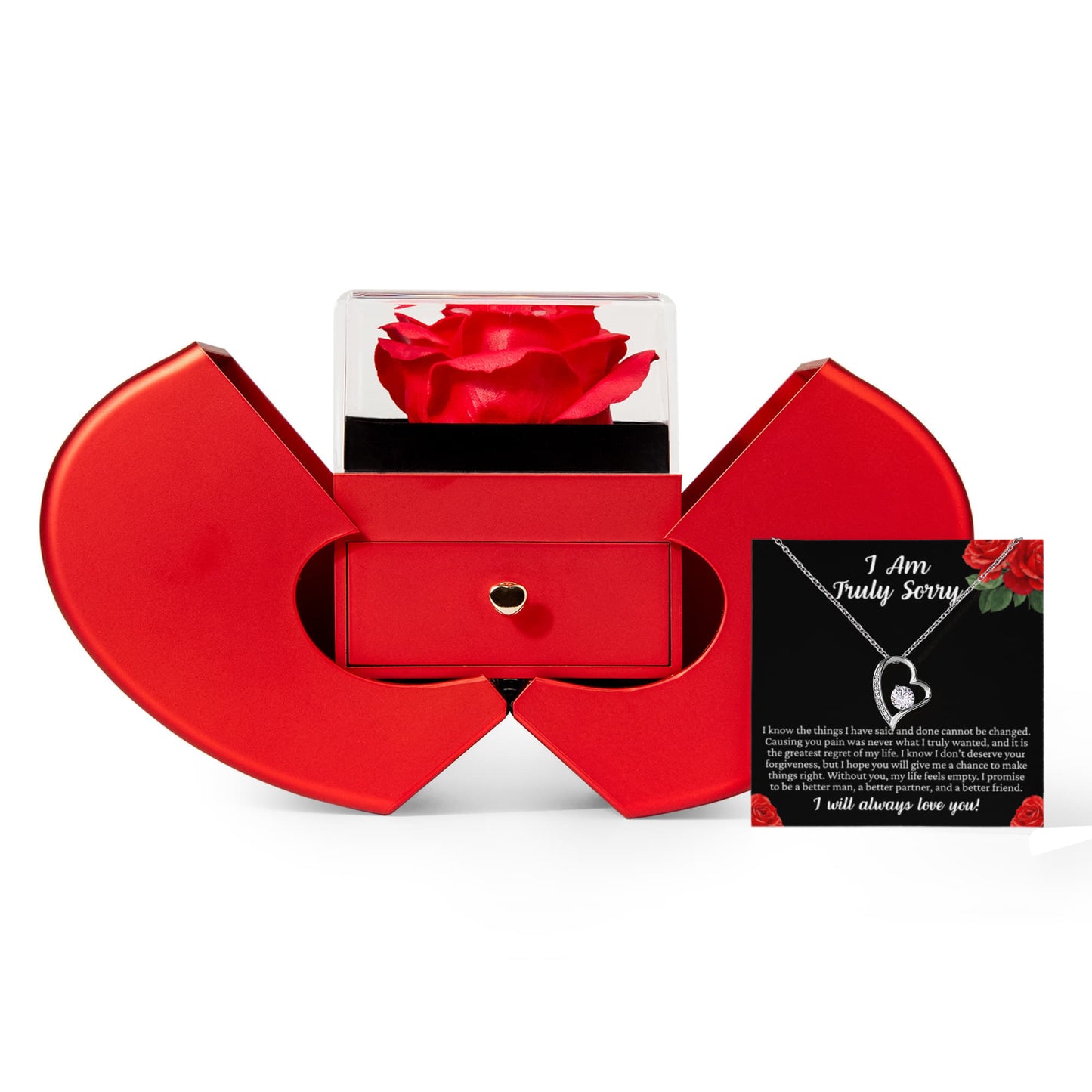 Forever Heart Necklace with Red Heart Rose Box - I Am Truly Sorry