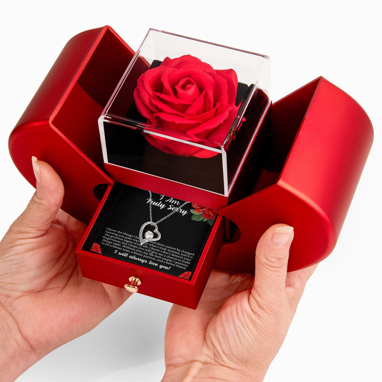 Forever Heart Necklace with Red Heart Rose Box - I Am Truly Sorry