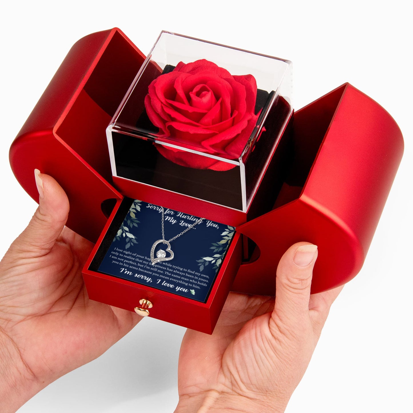 Forever Heart Necklace with Red Heart Rose Box - Sorry For Hurting You, My Love...