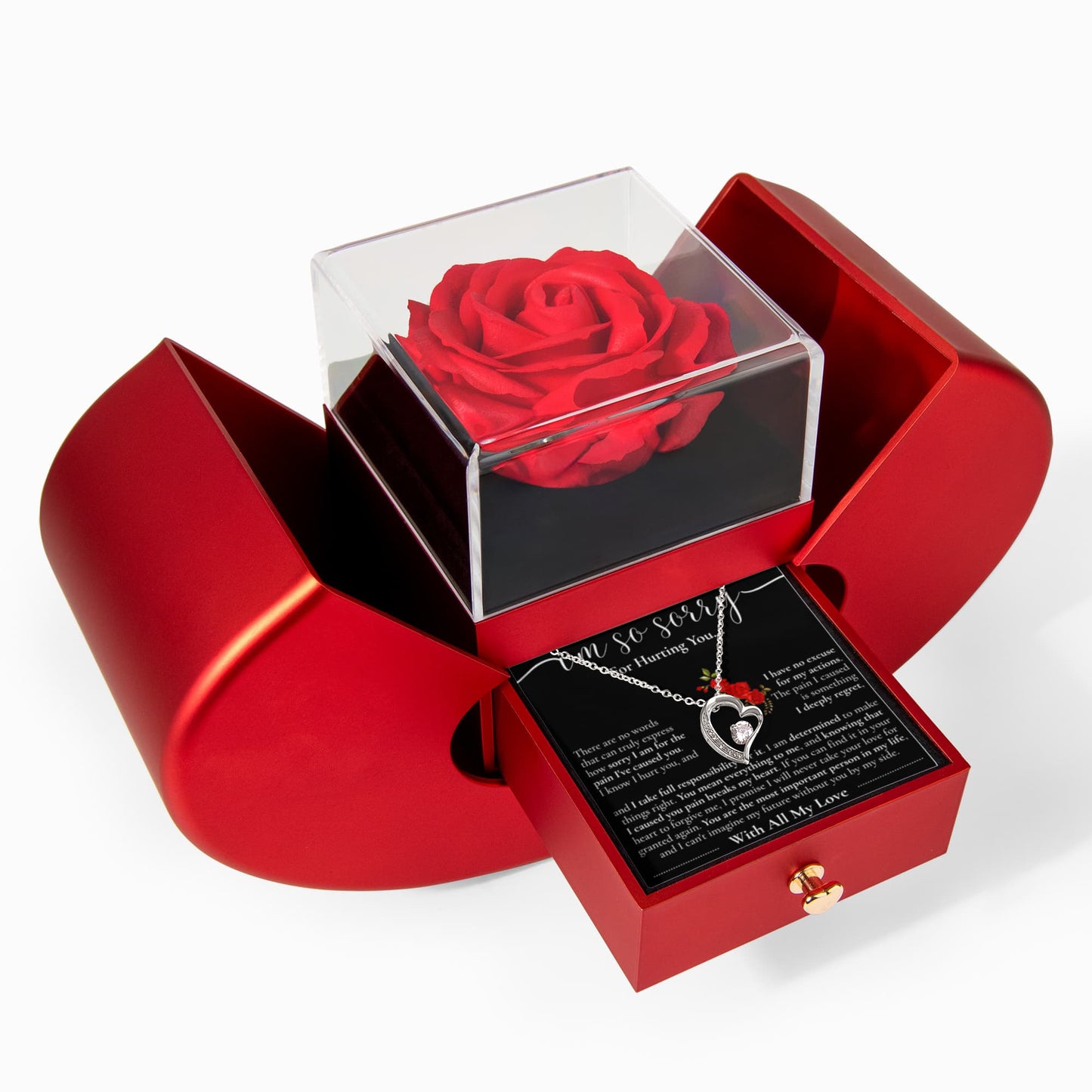 Forever Heart Necklace with Red Heart Rose Box - I Am Sorry For Hurting You...