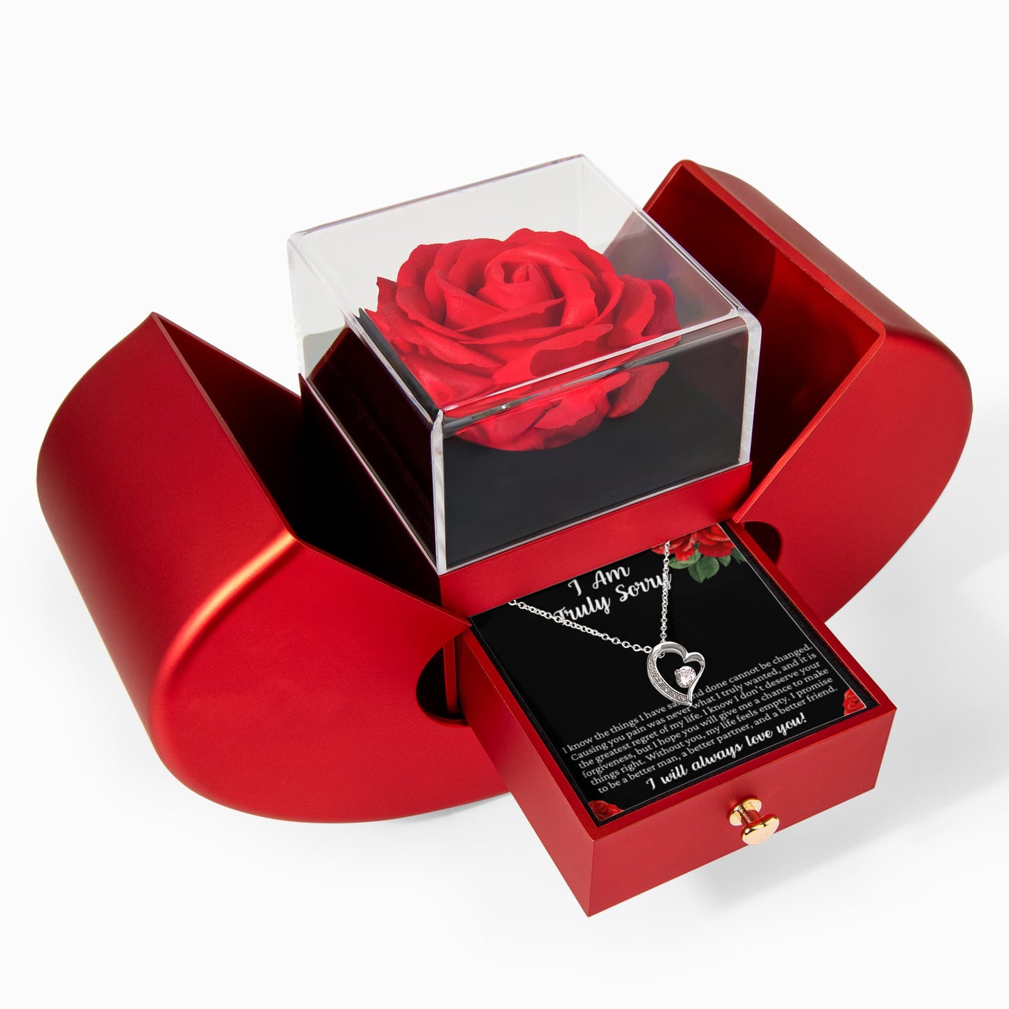 Forever Heart Necklace with Red Heart Rose Box - I Am Truly Sorry