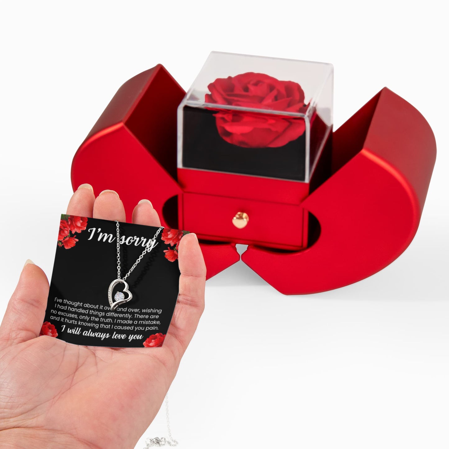 Forever Heart Necklace with Red Heart Rose Box - I'm Sorry, I Will Always Love You