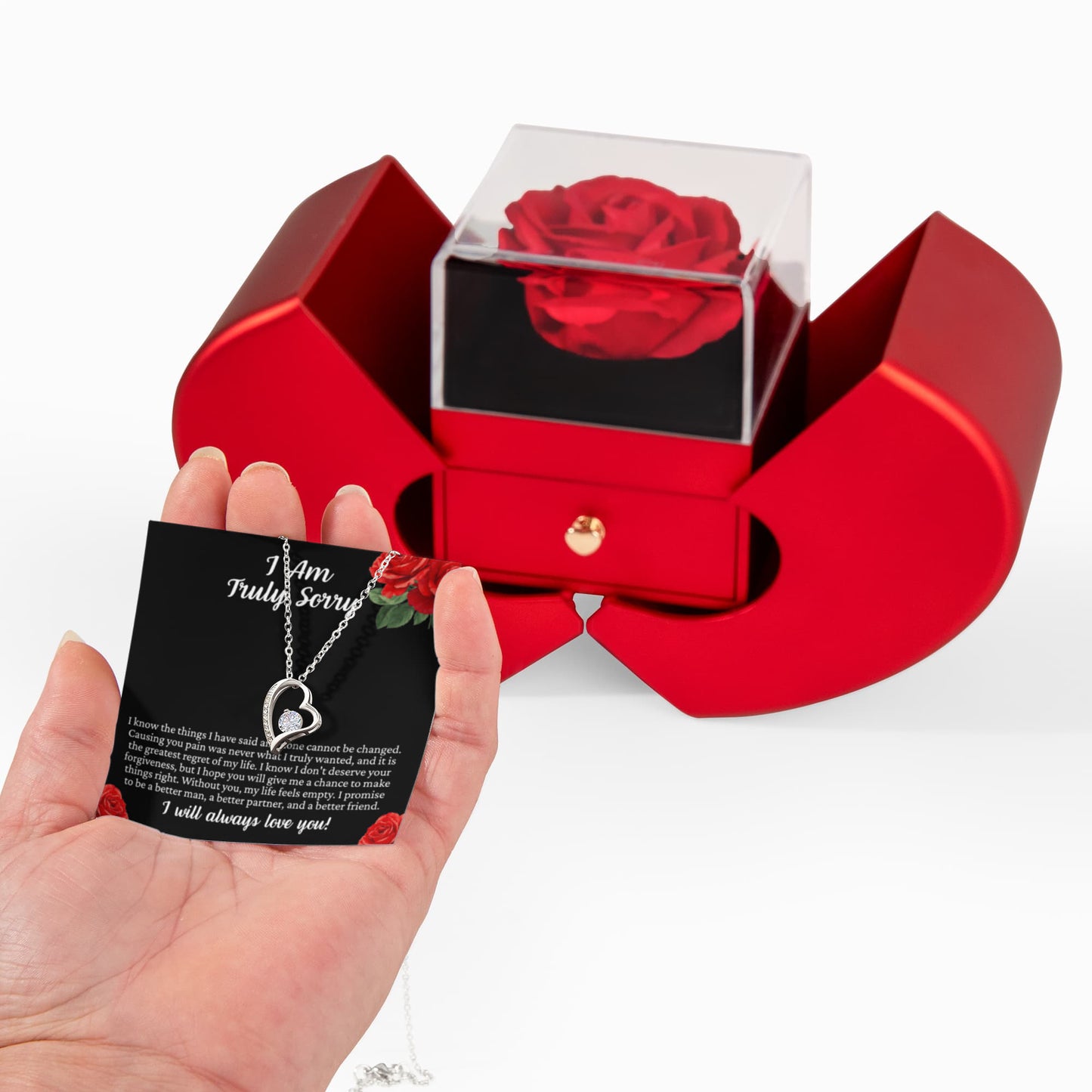Forever Heart Necklace with Red Heart Rose Box - I Am Truly Sorry