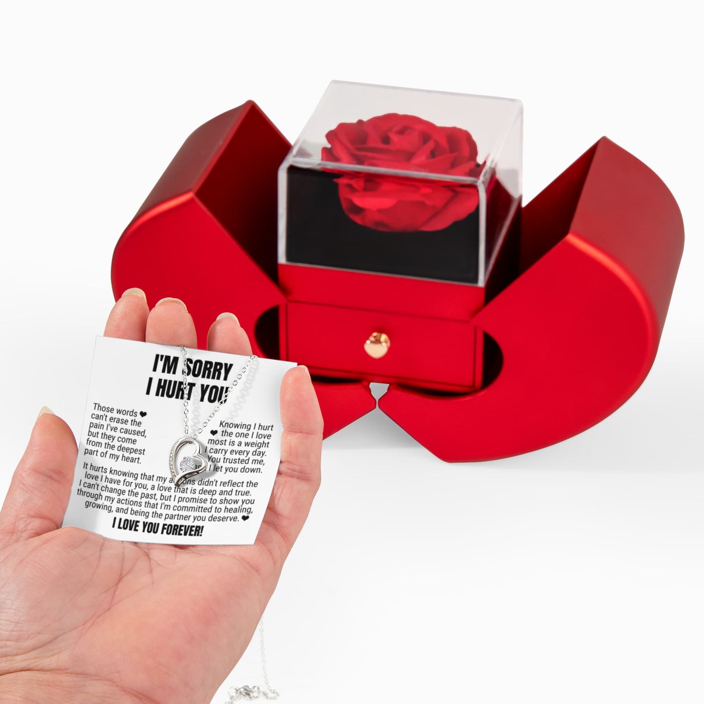 Forever Heart Necklace with Red Heart Rose Box - I'm Sorry I Hurt You