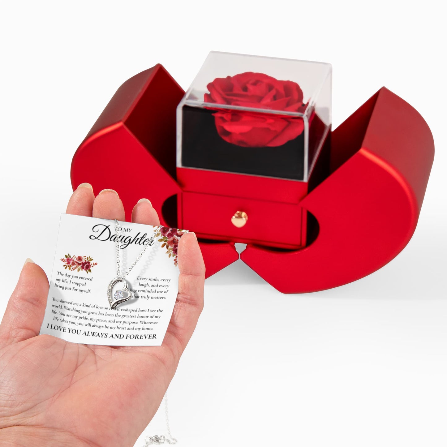 Forever Love Necklace with Red Heart Rose Box - To My Daughter "I Love You Always and Forever"