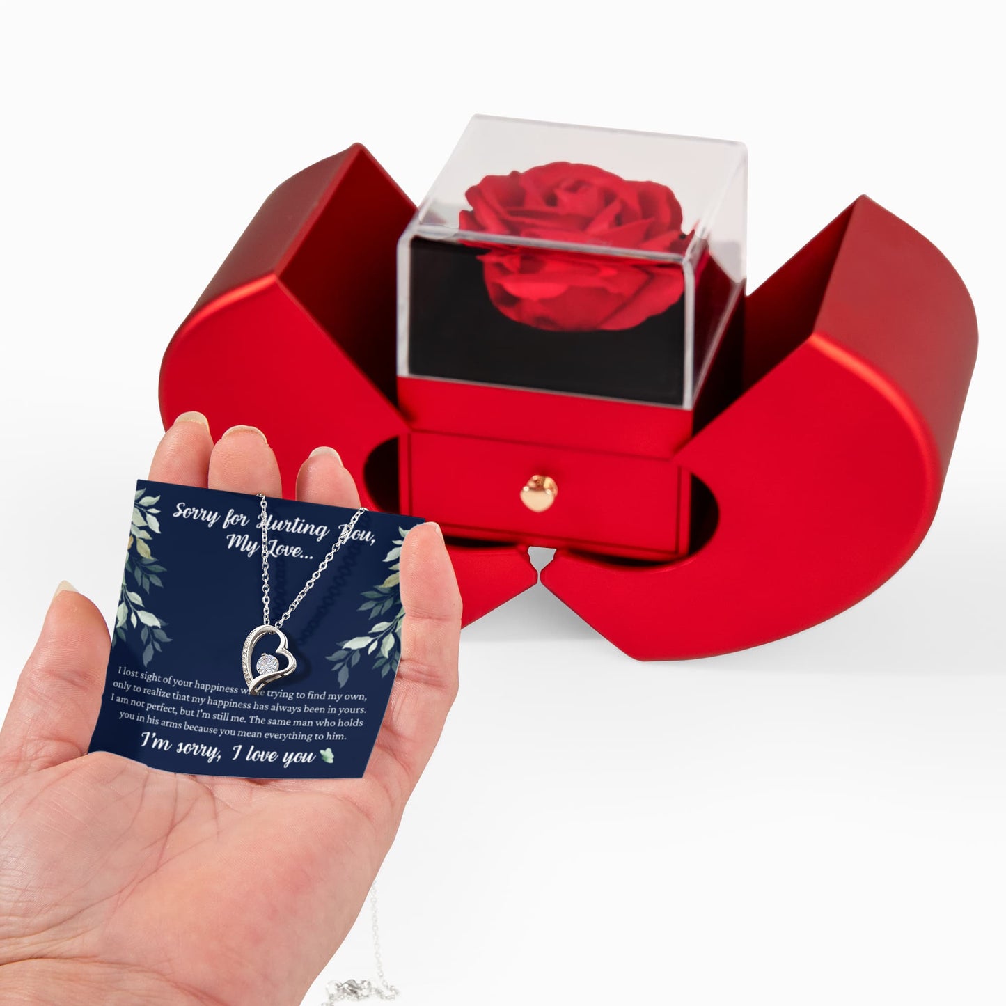 Forever Heart Necklace with Red Heart Rose Box - Sorry For Hurting You, My Love...
