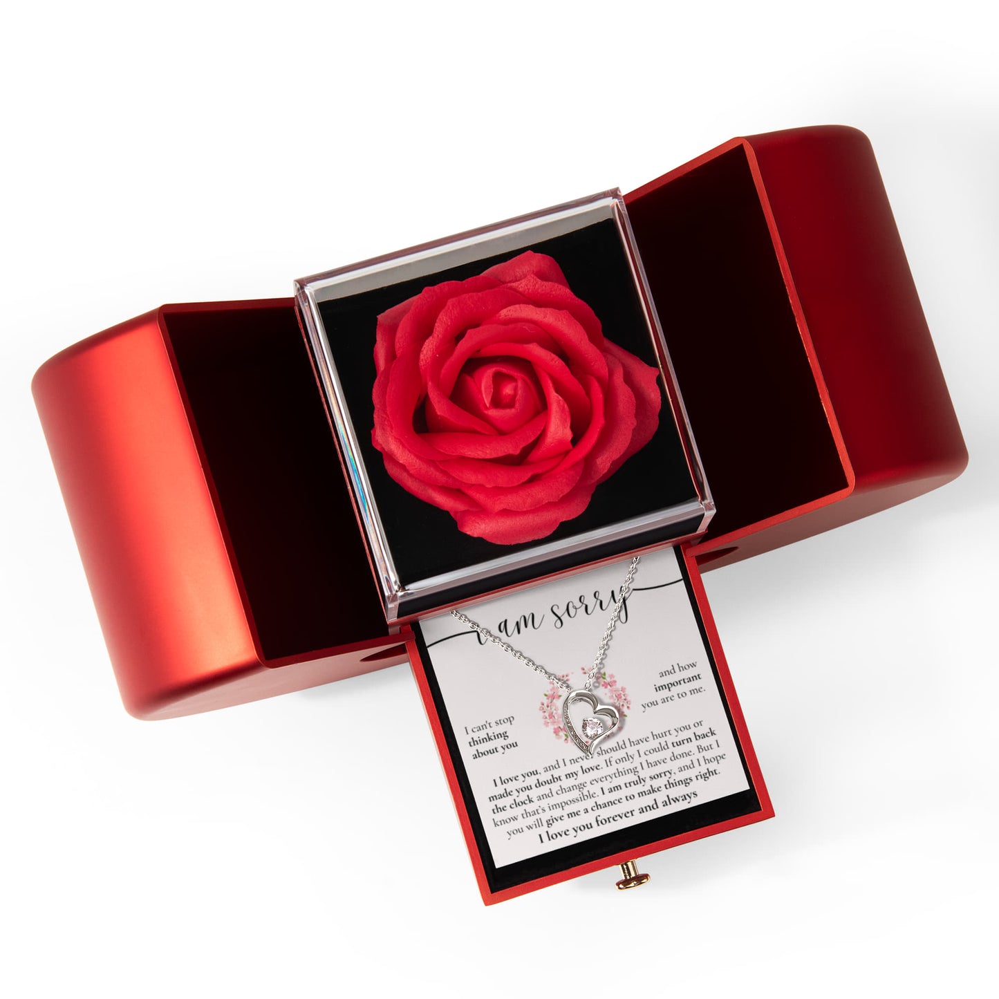 Forever Heart Necklace with Red Heart Rose Box - I Am Sorry, I Love You Forever and Always
