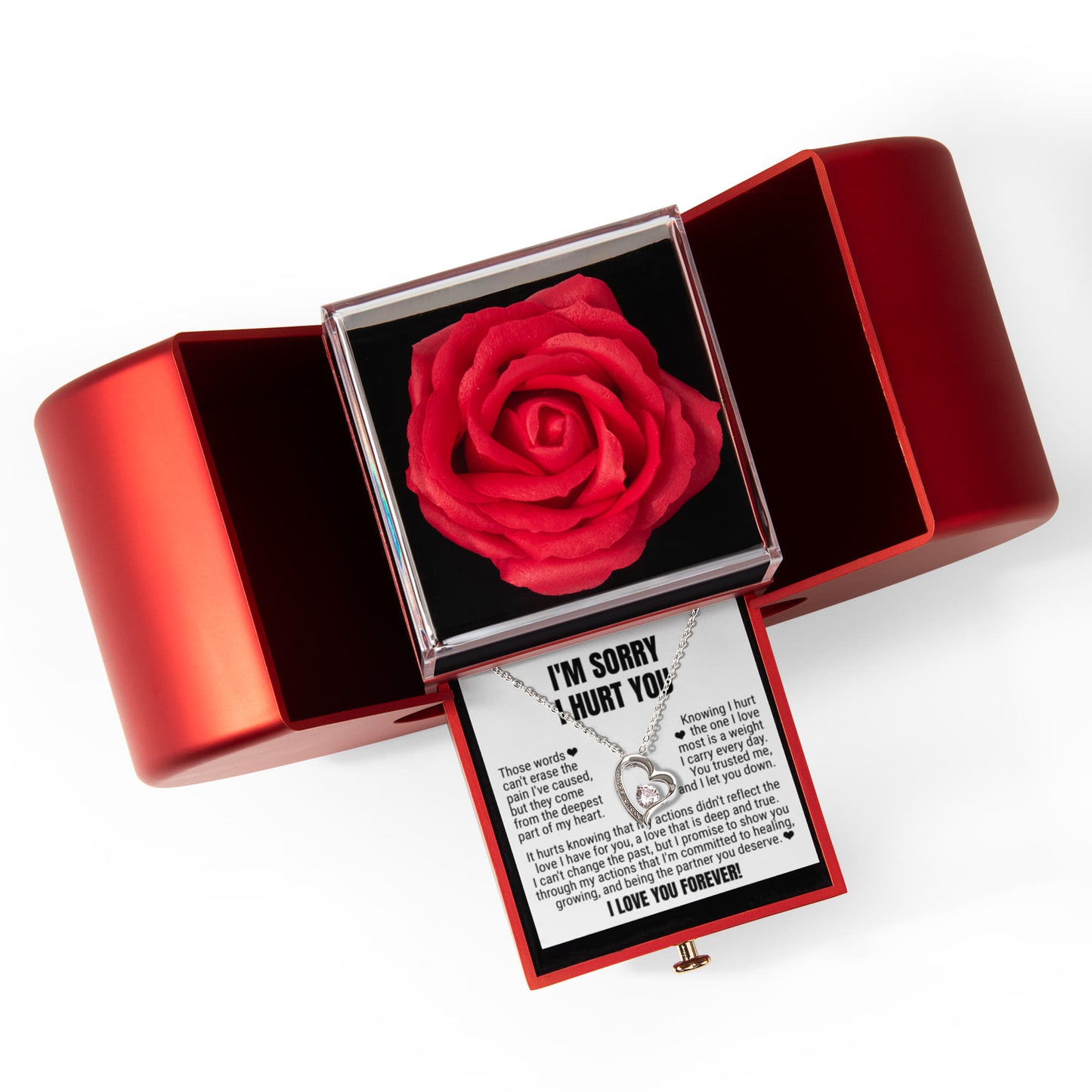 Forever Heart Necklace with Red Heart Rose Box - I'm Sorry I Hurt You