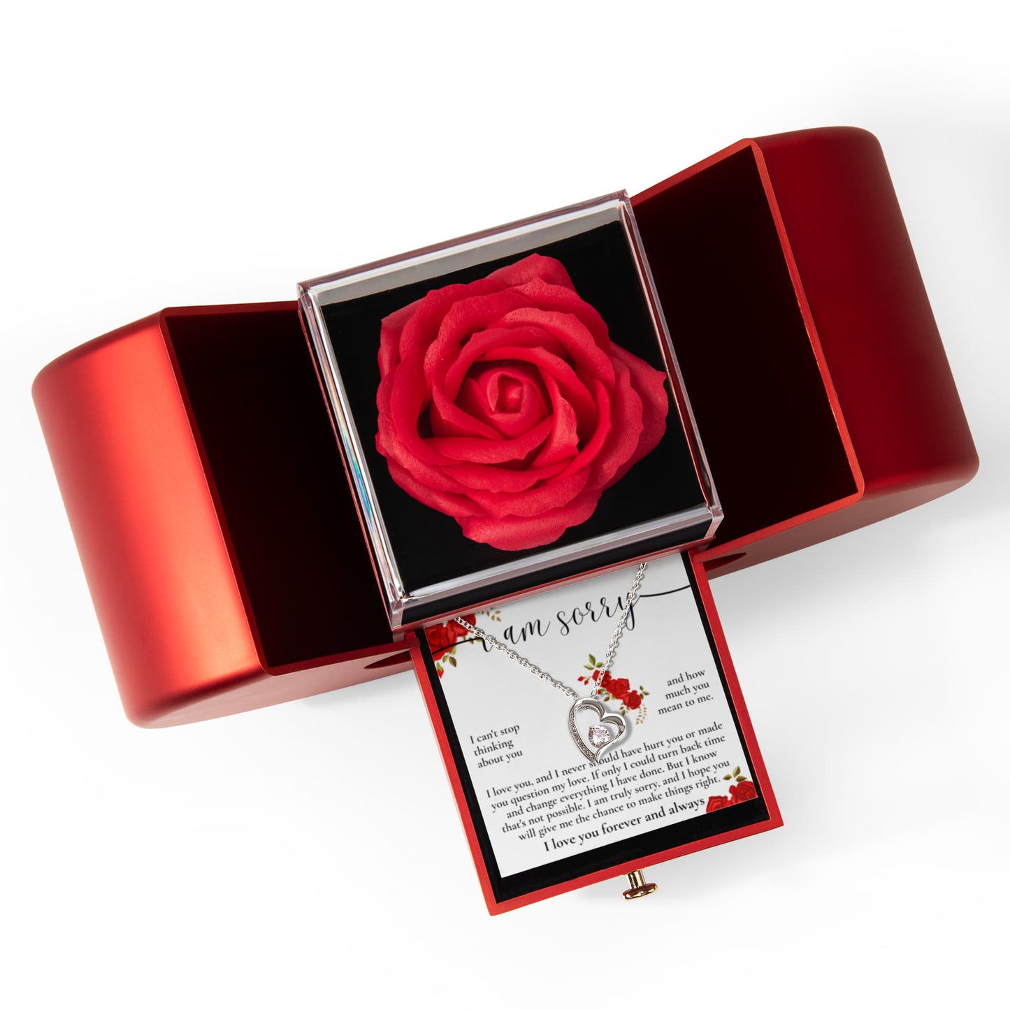 Forever Heart Necklace with Red Heart Rose Box - I Am Sorry, I Love You Forever and Always