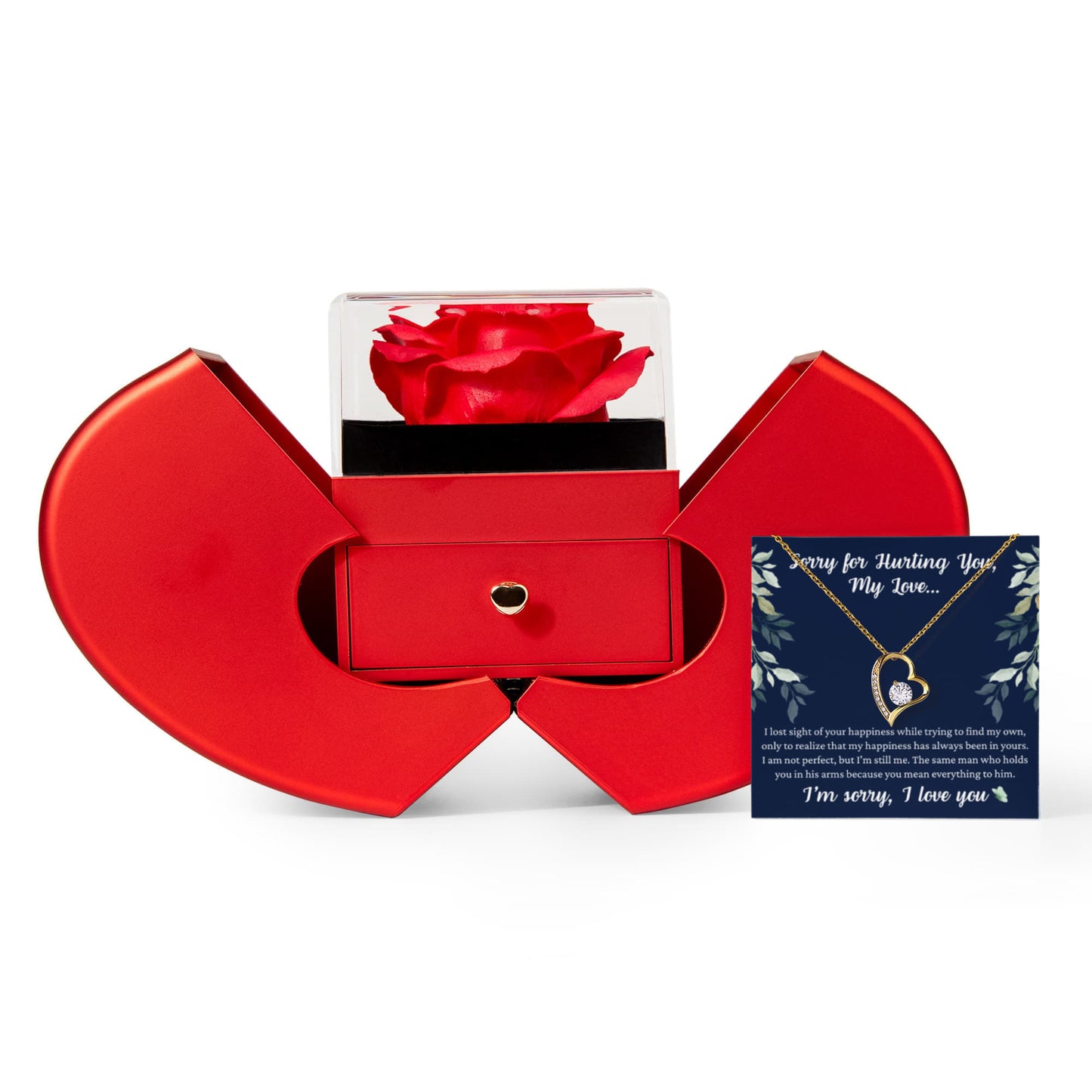 Forever Heart Necklace with Red Heart Rose Box - Sorry For Hurting You, My Love...