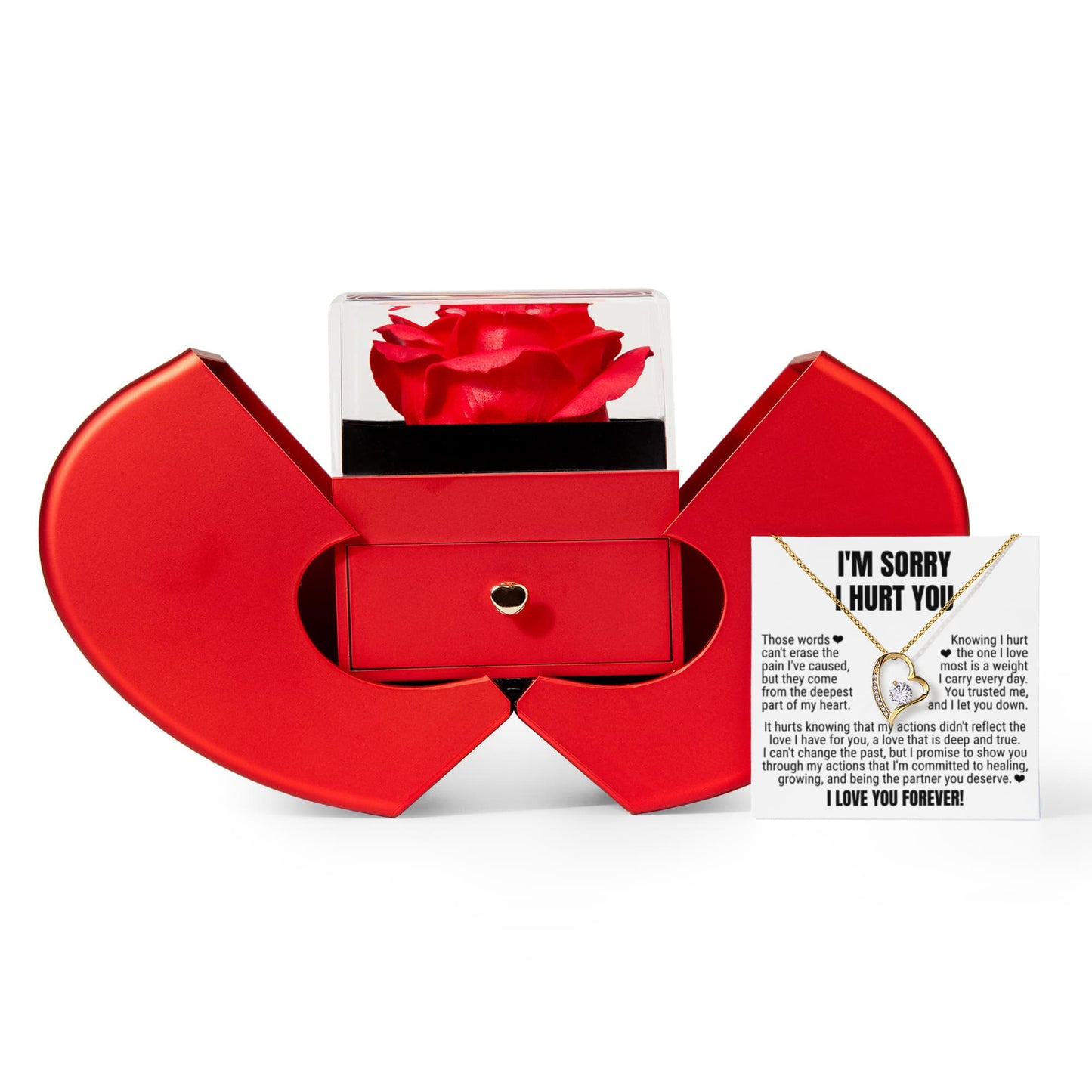 Forever Heart Necklace with Red Heart Rose Box - I'm Sorry I Hurt You
