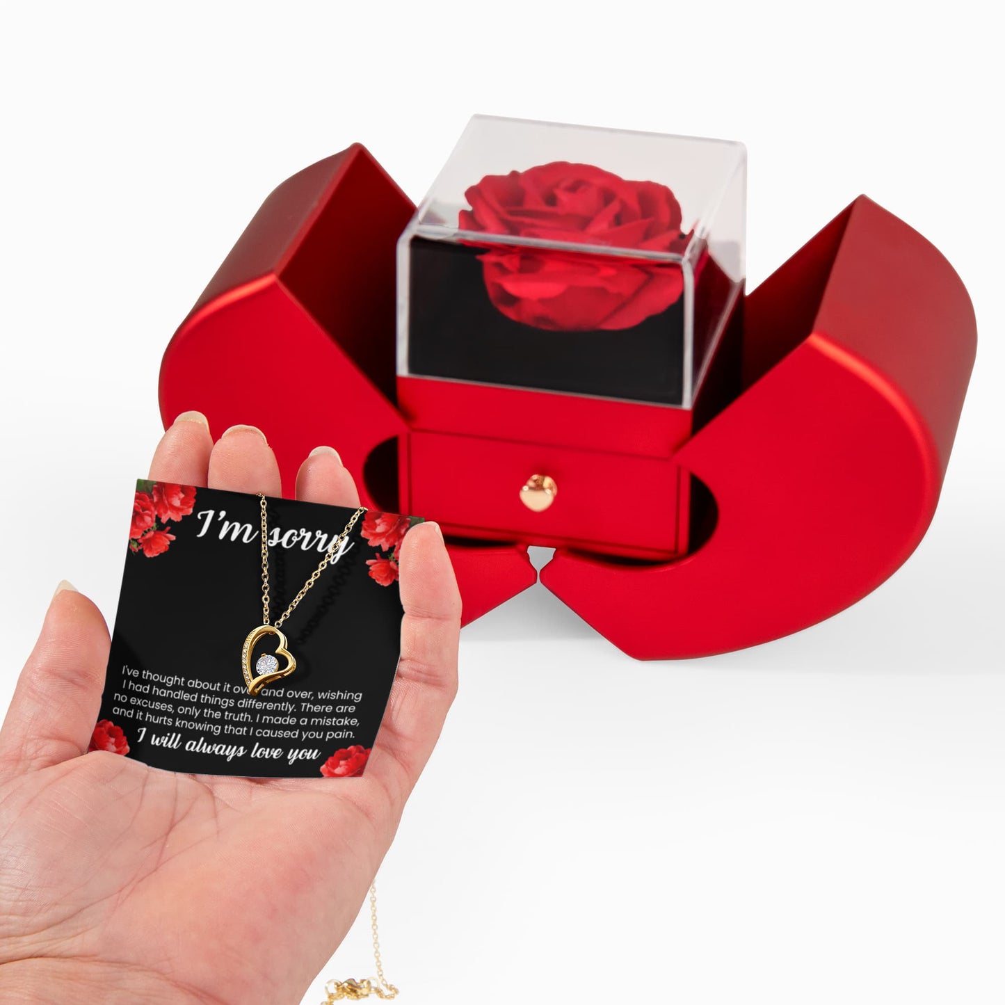 Forever Heart Necklace with Red Heart Rose Box - I'm Sorry, I Will Always Love You