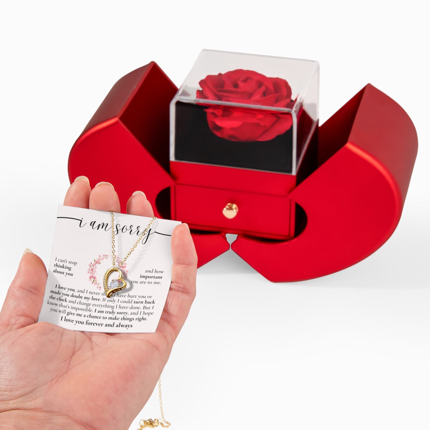 Forever Heart Necklace with Red Heart Rose Box - I Am Sorry, I Love You Forever and Always