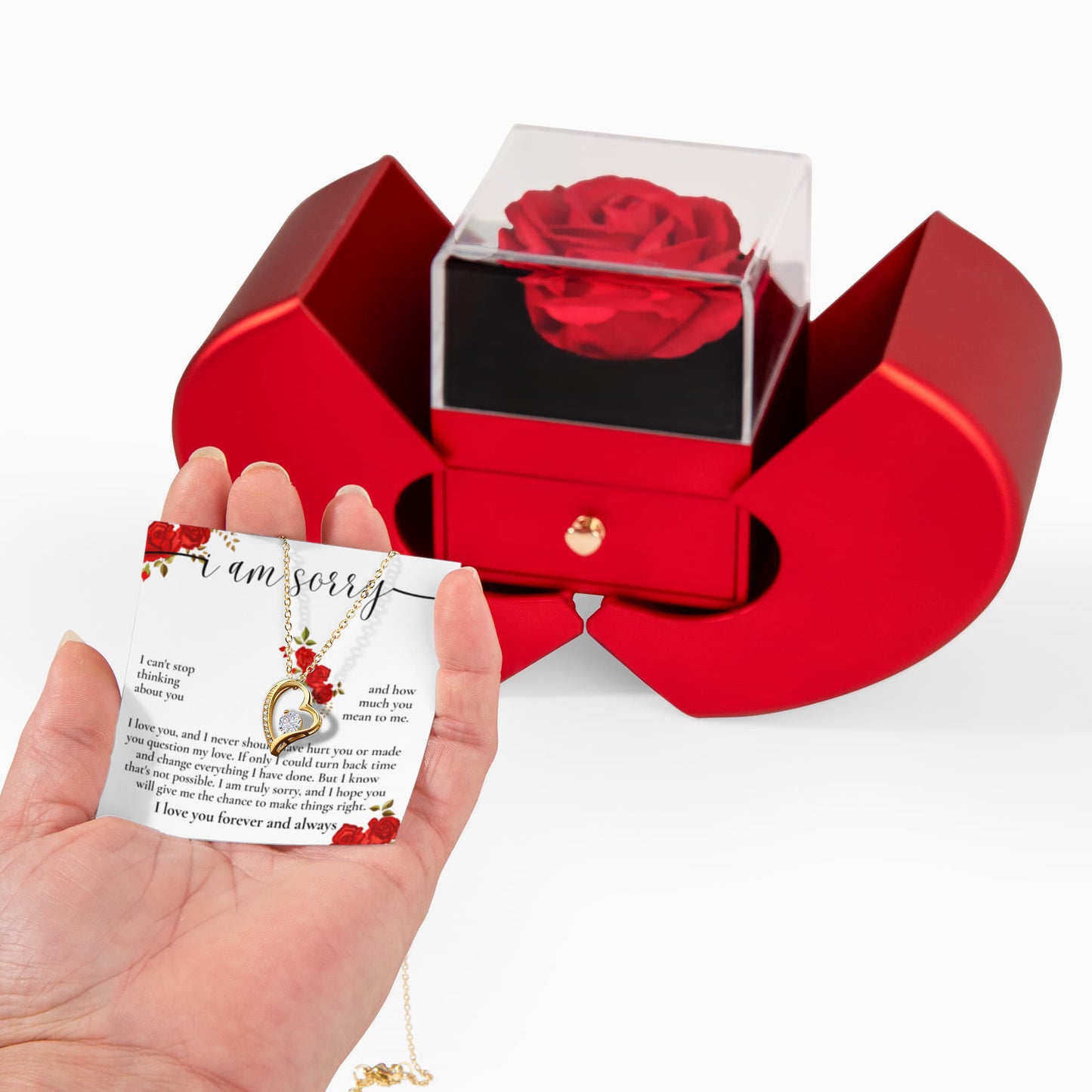Forever Heart Necklace with Red Heart Rose Box - I Am Sorry, I Love You Forever and Always