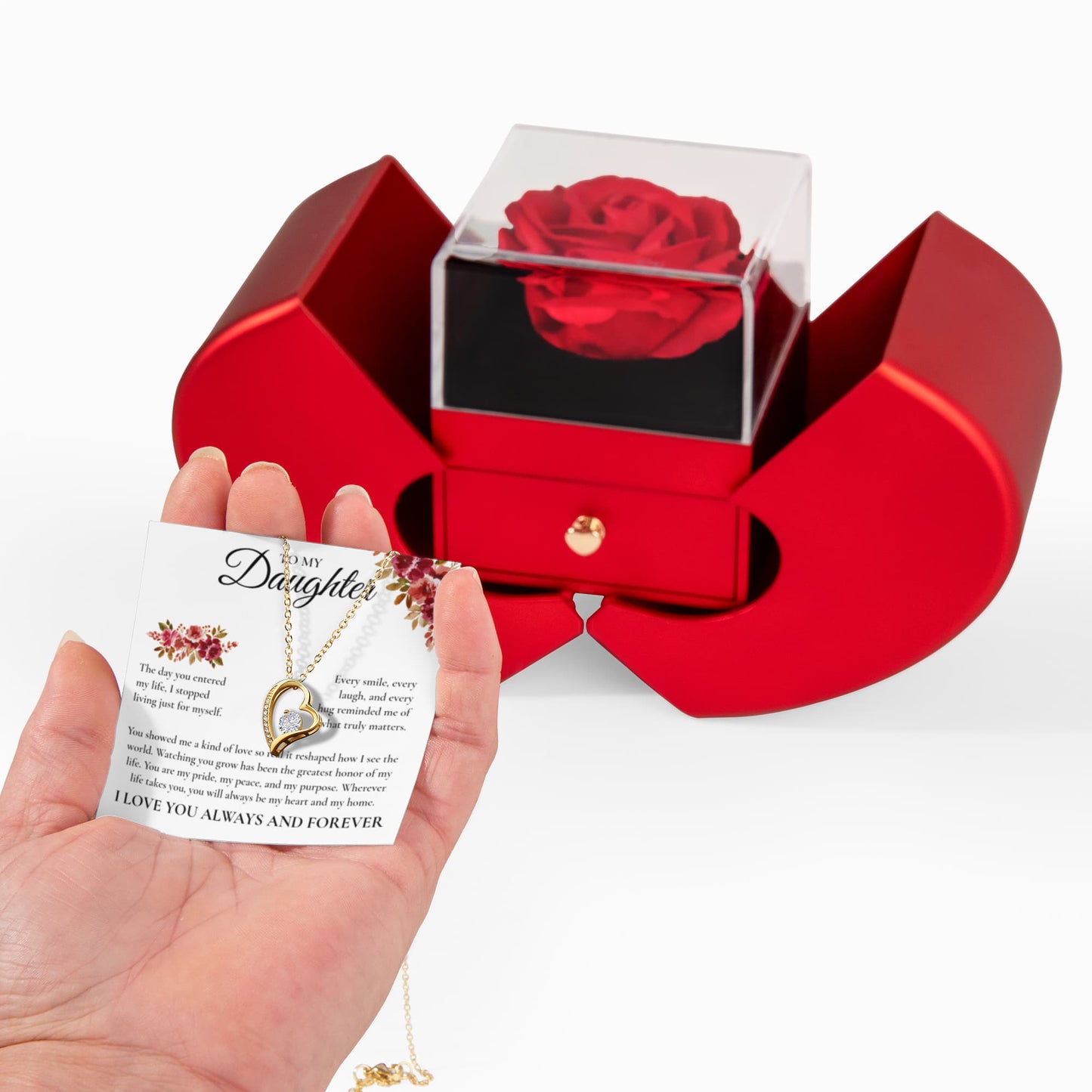 Forever Love Necklace with Red Heart Rose Box - To My Daughter "I Love You Always and Forever"