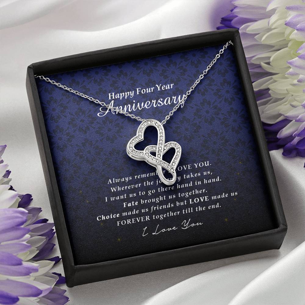 Double Heart Necklace, Happy 4 Year Anniversary