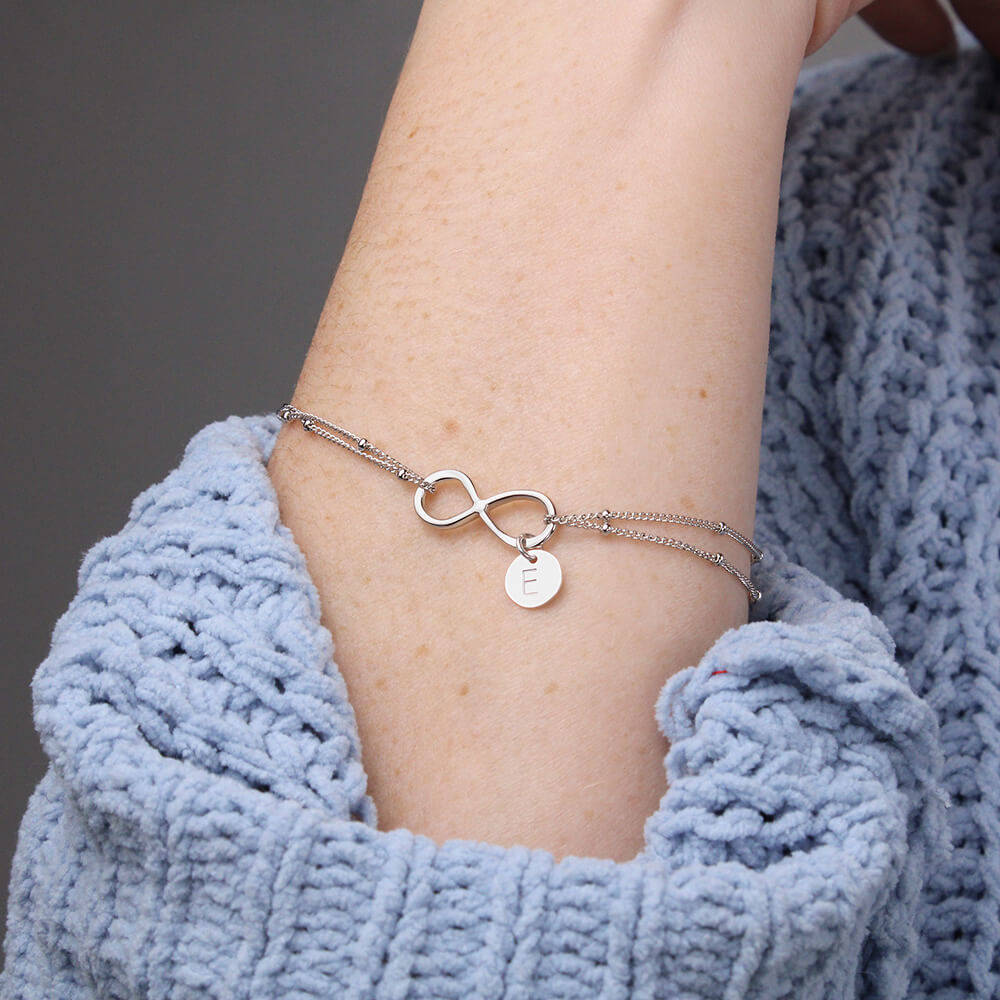 Infinity Bracelet with Initial Charms, 73 Year Anniversary Gift