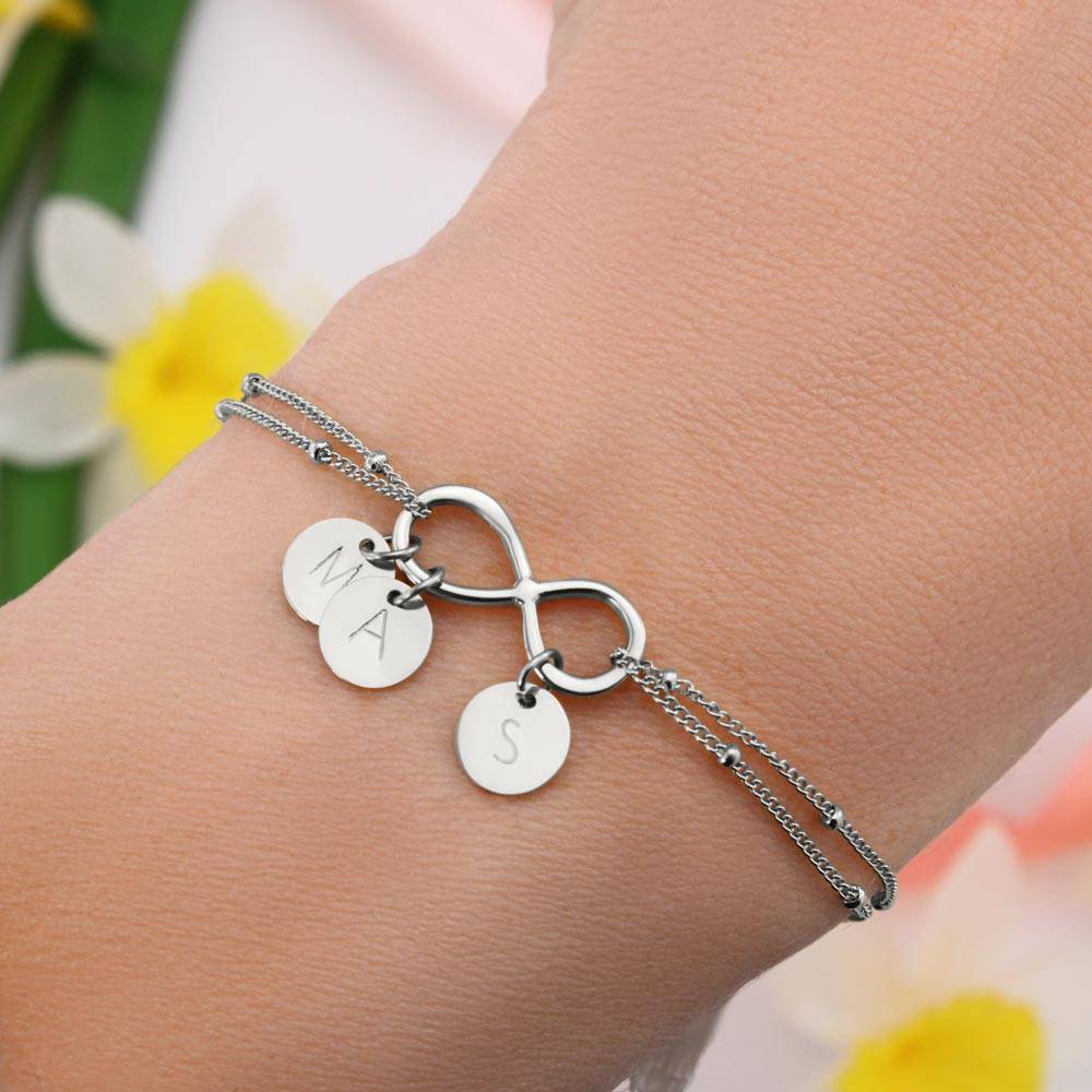 Infinity Bracelet with Initial Charms, 39 Year Anniversary Gift