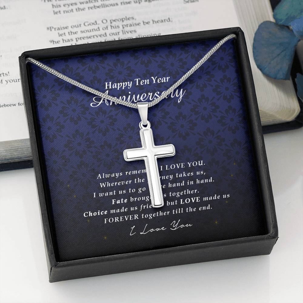 Personalized Cross Necklace, Happy Ten Year Anniversary, Engraved Gift