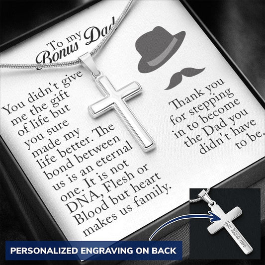 To My Bonus Dad, Personalized Cross Necklace