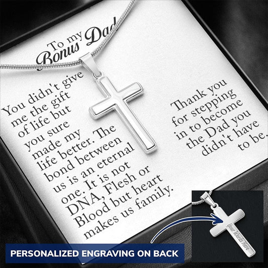 To My Bonus Dad, Personalized Cross Necklace