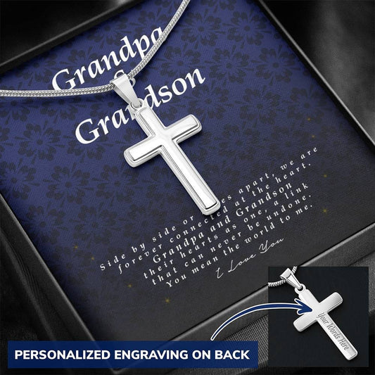 Grandpa and Grandson Gift, Engraved Cross Necklace