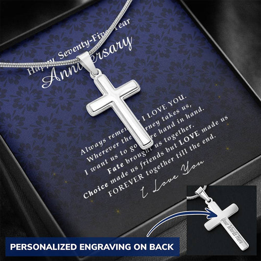 Personalized Cross Necklace, 75 Year Anniversary Gift, Engraved Jewelry