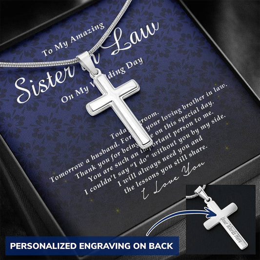 Personalized Cross Necklace, To My Sister In Law, Gift from Groom, Wedding Day Gift from Brother In Law