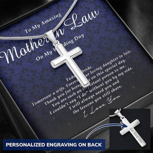 Personalized Cross Necklace, To My Mother In Law, Gift from Bride, Wedding Day Gift from Daughter In Law