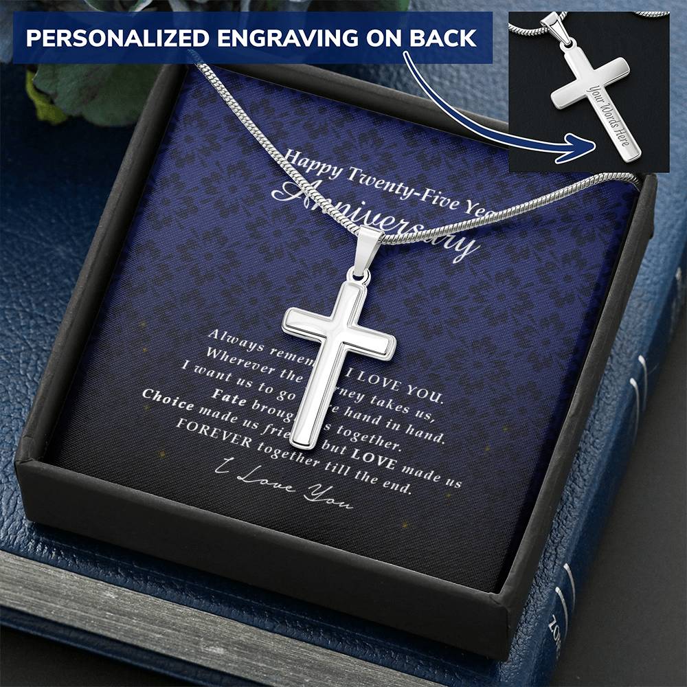 Personalized Cross Necklace, Happy Twenty Five Year Anniversary, Engraved Gift