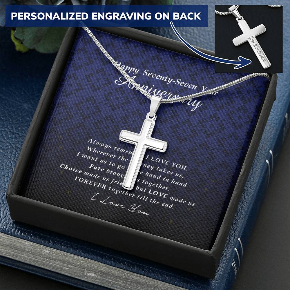 Personalized Cross Necklace, 77 Year Anniversary Gift, Engraved Jewelry