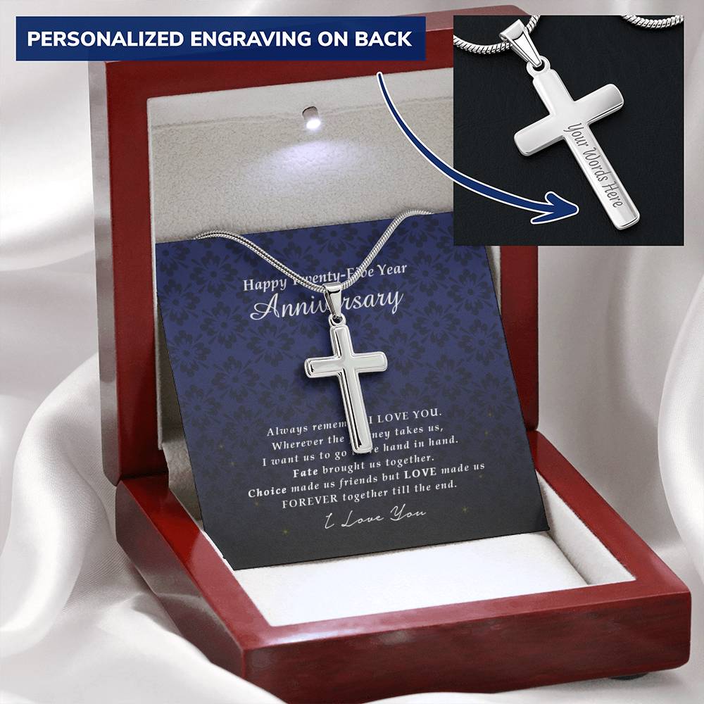 Personalized Cross Necklace, Happy Twenty Five Year Anniversary, Engraved Gift