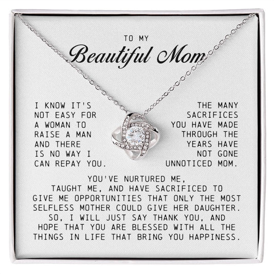 To my Beautiful Mom, Love Knot Necklace, Mother's Day Gift