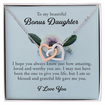 To My Beautiful Bonus Daughter, Interlocking Hearts Necklace